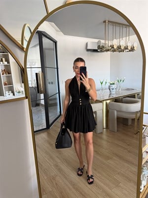 Siyah Gold Düğmeli Ronse Mini Elbise