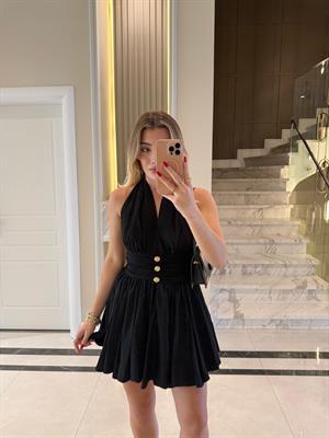 Siyah Gold Düğmeli Ronse Mini Elbise
