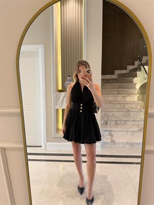 Siyah Gold Düğmeli Ronse Mini Elbise