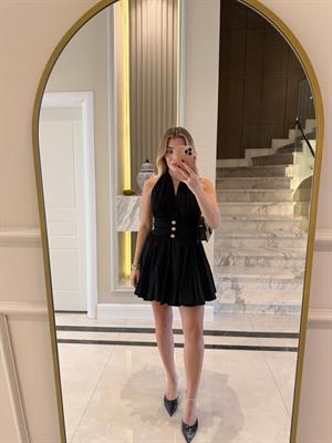 Siyah Gold Düğmeli Ronse Mini Elbise
