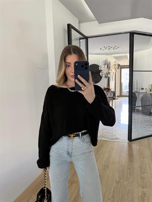 Siyah Kayık Yaka Basic Triko Kazak-10804