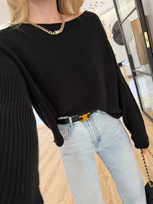 Siyah Kayık Yaka Basic Triko Kazak-10804