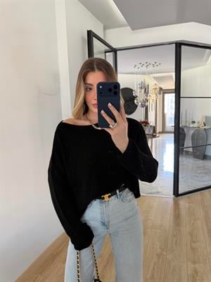 Siyah Kayık Yaka Basic Triko Kazak-10804