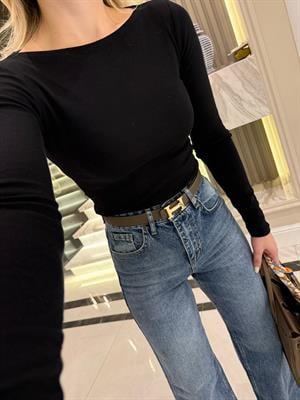 Siyah Kayık Yaka Uzun Kollu Top 31332