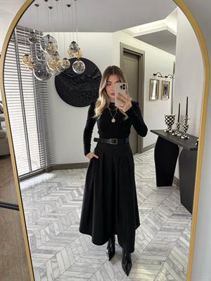 Siyah Kemer Detaylı Elbise-37022