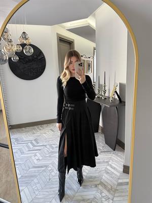 Siyah Kemer Detaylı Etek-37037