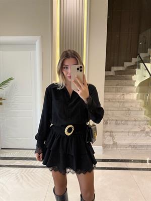 Siyah Kemer Detaylı Uzun Kollu Elbise -35518