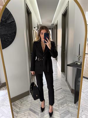 Siyah Kemerli Blazer Ceket-9367