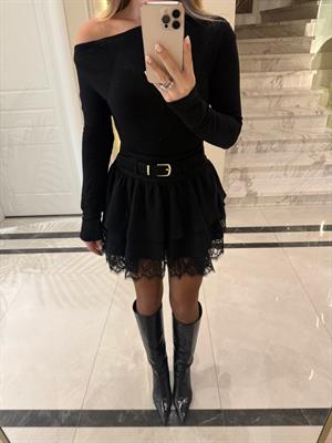 Siyah Kemerli  Dantel Detaylı Etek-37199 