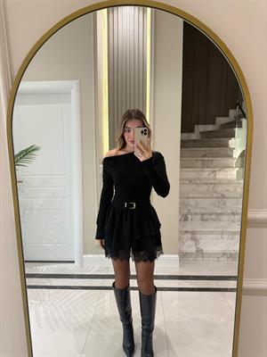 Siyah Kemerli  Dantel Detaylı Etek-37199 