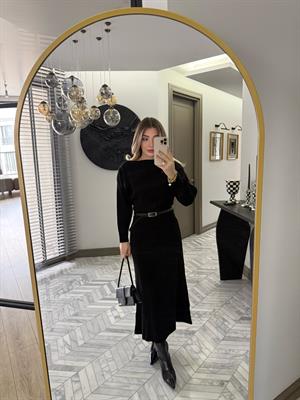 Siyah Kemerli Midi Boy Triko Elbise 1118