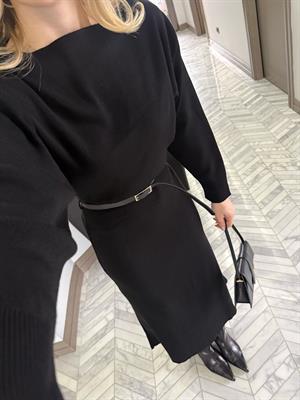 Siyah Kemerli Midi Boy Triko Elbise 1118