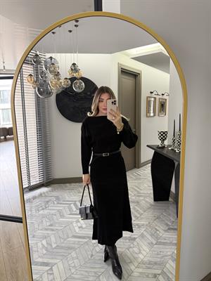 Siyah Kemerli Midi Boy Triko Elbise 1118