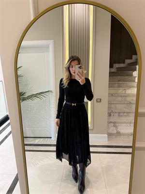 Siyah Kendinden Desenli Etek-1136