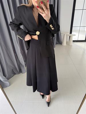 Siyah Kloş Midi Boy Atlas Kumaş Etek- 89402