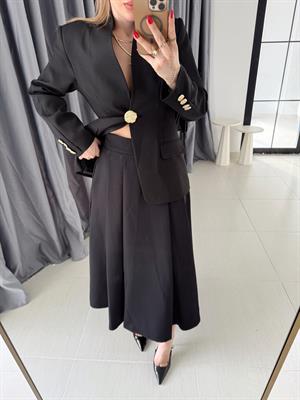 Siyah Kloş Midi Boy Atlas Kumaş Etek- 89402