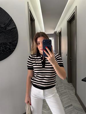 Siyah-Krem Polo Yaka triko Tişört-1094