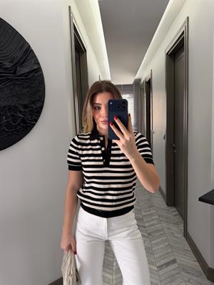 Siyah-Krem Polo Yaka triko Tişört-1094