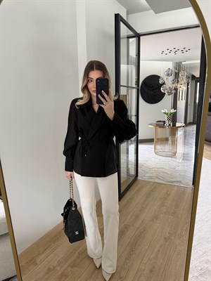 Siyah Kruvaze Yaka Vatkalı Gömlek-5029