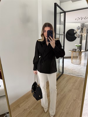 Siyah Kruvaze Yaka Vatkalı Gömlek-5029