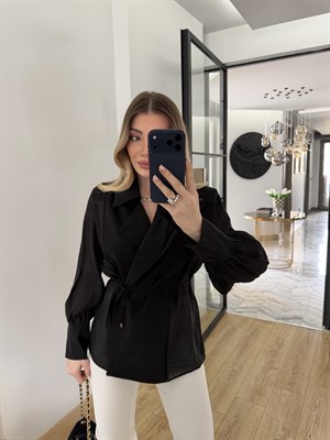 Siyah Kruvaze Yaka Vatkalı Gömlek-5029