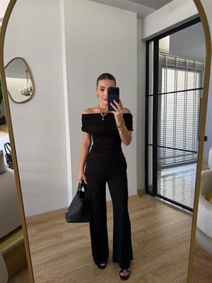 Siyah Madonna Yaka Drapeli Modal Takım - 1020