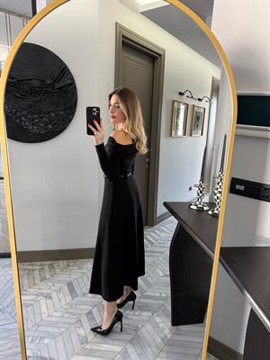 Siyah Madonna Yaka Kemerli Elbise 37173