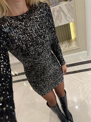 Siyah Omuz Vatkalı Pullu Mini Elbise-12218