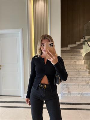 Siyah Önü Fermuarlı Pamuklu Bluz