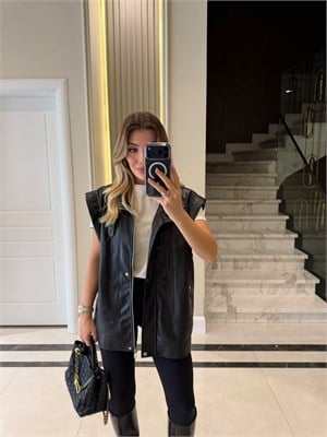 Siyah Oversize  Deri Yelek - 2073