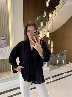 Siyah Oversize Transparan Tensel Gömlek - 4914