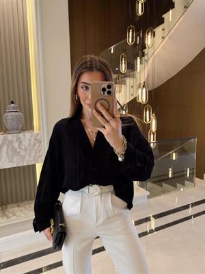 Siyah Oversize Transparan Tensel Gömlek - 4914