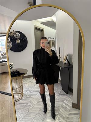 Siyah Özel Dokuda Kendinden Çizgili Elbise-35540