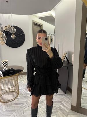 Siyah Özel Dokuda Kendinden Çizgili Elbise-35540