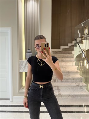 Siyah Pamuk Ve Modal Karışımlı Crop Top-30528
