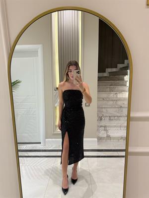 Siyah Payetli Midi Boy Yırtmaçlı Etek 