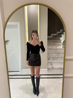 Siyah Payetli Mini Etek-4580