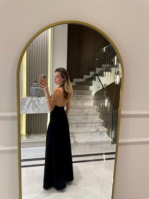 Siyah  Pencere Detaylı Boyundan Askılı Uzun Elbise