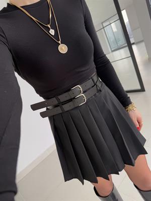 Siyah  Pilili Çift Kemerli Etek