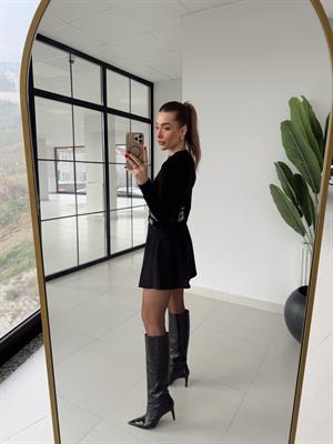 Siyah  Pilili Çift Kemerli Etek