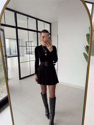 Siyah  Pilili Çift Kemerli Etek