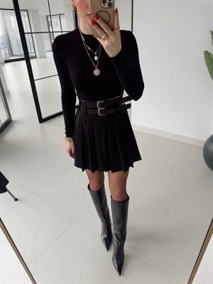 Siyah  Pilili Çift Kemerli Etek