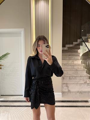 Siyah Regular Saten Gömlek