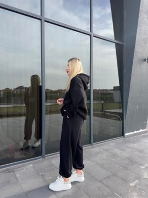 Siyah Şardonlu Oversize Sweatshirt Takım