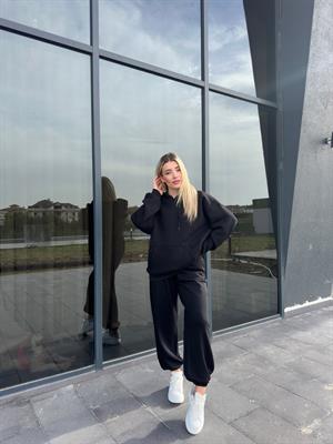Siyah Şardonlu Oversize Sweatshirt Takım