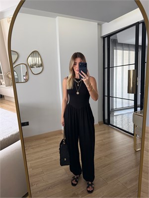 Siyah Sıfır Kol Modal Kumaş Tulum - 4144