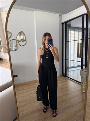 Siyah Sıfır Kol Modal Kumaş Tulum - 4144