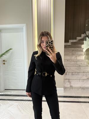 Siyah Sıfır Yakalı Kemerli Ceket Pantolon İkili Takım