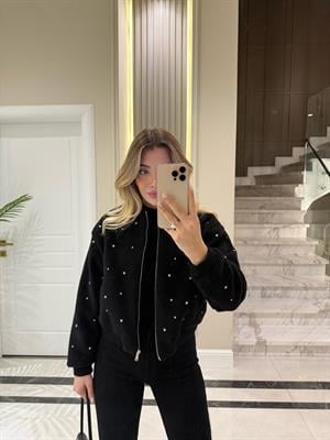 Siyah Taş İşlemeli Bomber Ceket
