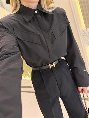 Siyah Tasarım Cep Kapakçıklı Kol Detaylı Gömlek-2257